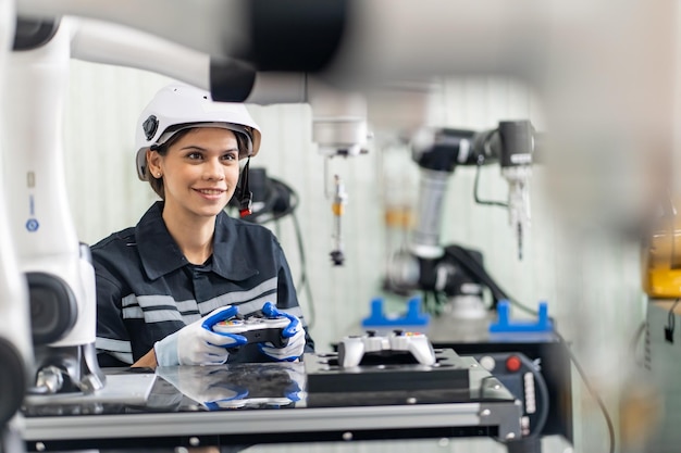 L'ingegnere femminile controlla e controlla la macchina dei bracci robotici di automazione in una fabbrica industriale intelligente sulla robotica del software di sistema di monitoraggio in tempo reale e sulle operazioni di produzione digitale