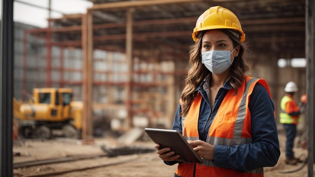 Female engineer in Full Gear on the Construction site holding a tablet note