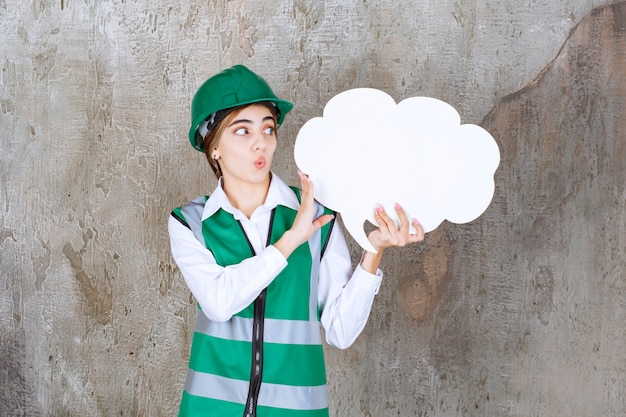 Female engineer in green uniform and helmet holding a cloud shape info board and looks surprized and terrified.