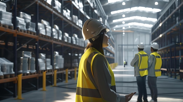 Женщина-инженер в шлеме контролирует складские операции профессионал на работе в промышленной обстановке лидерство в логистике ИИ