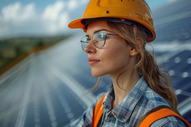 女性エンジニアが太陽電池パネルの設置を検査している