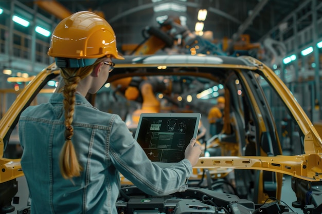 Female engineer monitors automated assembly line for electric vehicles