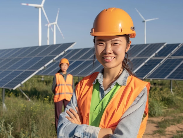 Female engineer standing next to the solar panel