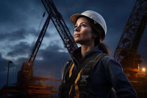 Female engineer wearing a hard hat The background is a construction crane at dusk