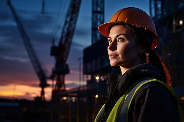 Female engineer wearing a hard hat The background is a construction crane at dusk