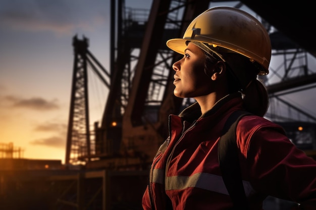 Female engineer wearing a hard hat The background is a construction crane at dusk