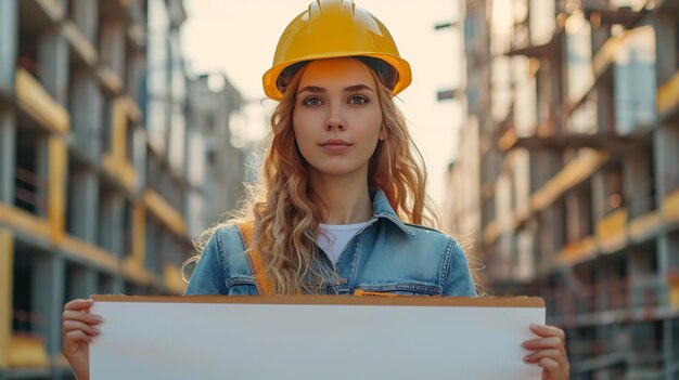 A female engineer working in construction is peeking over a white blank billboard card Generative AI