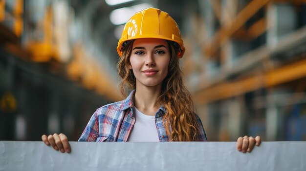 A female engineer working in construction is peeking over a white blank billboard card Generative AI