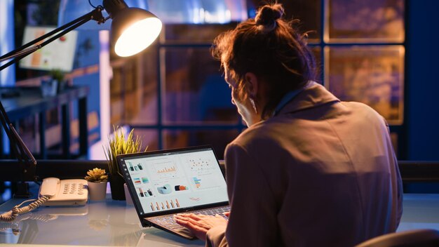 Female entrepreneur creating diagrmas at desk in business space, analyzing investment plan to increase startup profit. Young adult working late at night after hours, graphs report.