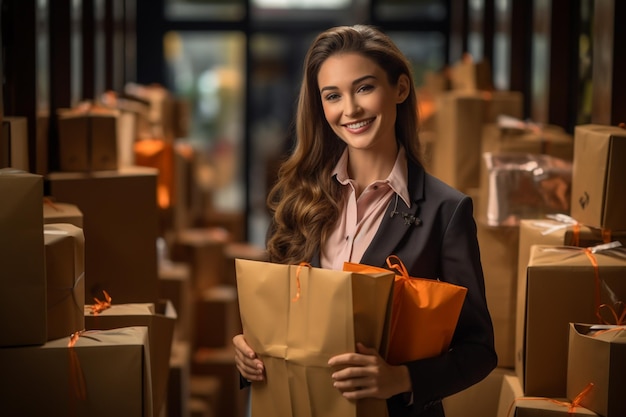 female entrepreneur with their parcel box bokeh style background