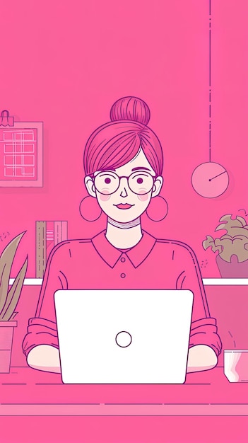 女性の起業家がホームオフィスのフラットで働くイラスト