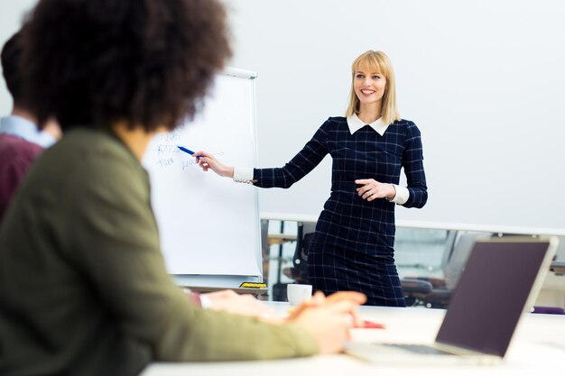 A female executive is presenting in a company meeting.