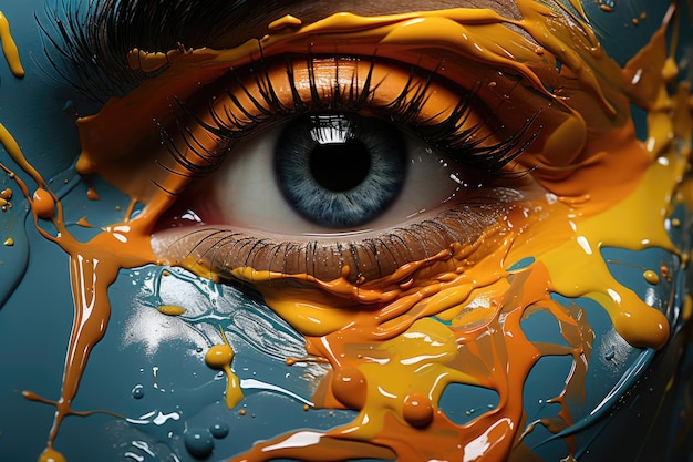 Female eye adorned with vibrant drip paintings