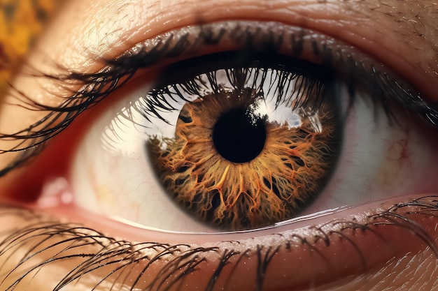 Female eye closeup with reflection of autumn trees AI