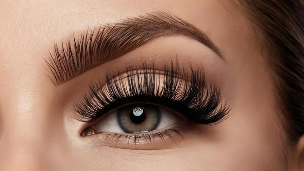 Female eye with long eyelashes classic eyelash extensions and light brown eyebrow closeup