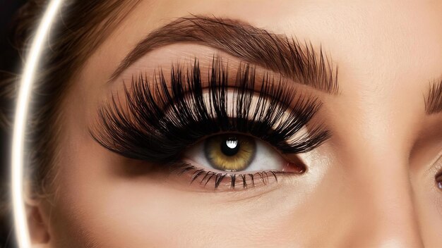 Female eye with long false eyelashes beautiful makeup and light brown eyebrow closeup