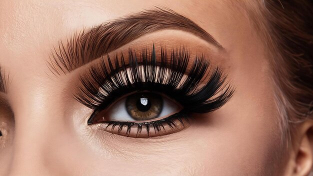 Female eye with long false eyelashes beautiful makeup and light brown eyebrow closeup