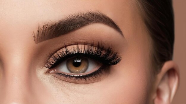 Female eye with long false eyelashes beautiful makeup and light brown eyebrow closeup