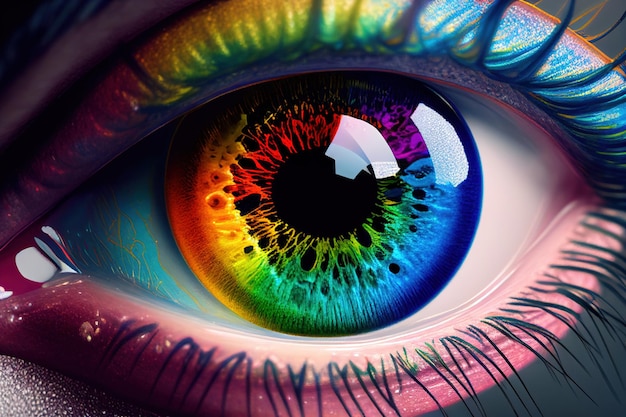 Female eye with rainbow iris. 3D rendering