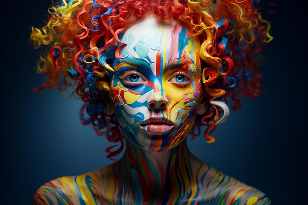 female face painted in rainbow colors