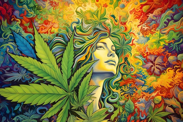 Женское лицо растамана, окруженное листьями марихуаны Листья конопли Генеративная иллюстрация раста культуры