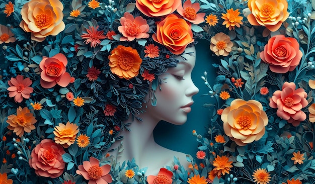 A female face surrounded by flowers and leaves International Womens Day Concept