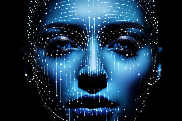 Female face with dots and lines hologram closeup The concept of artificial intelligence AI with a human face Human Robot