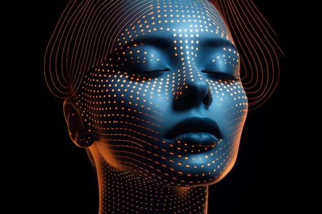 Foto volto femminile con punti e linee ologramma da vicino il concetto di intelligenza artificiale ai con un