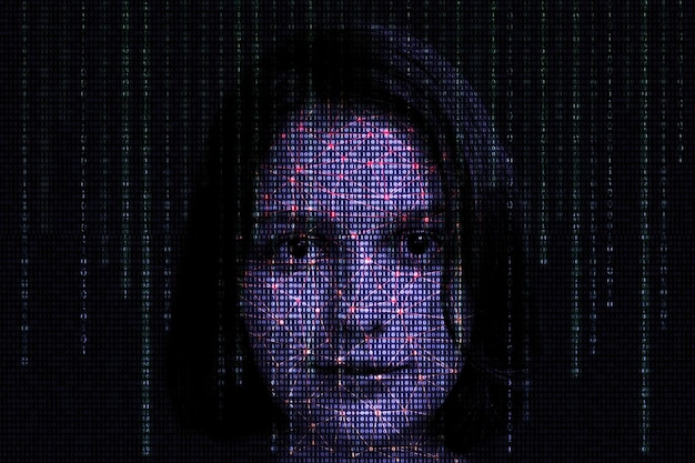 Female face with matrix digital numbers artifical intelligence AI theme with human face computer binary code