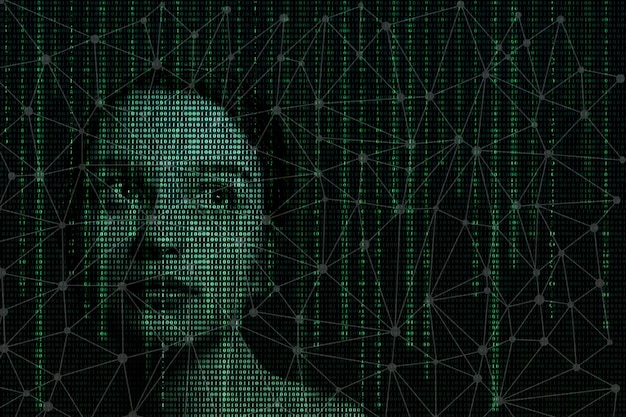 Female face with matrix digital numbers artifical intelligence AI theme with human face Virtual reality