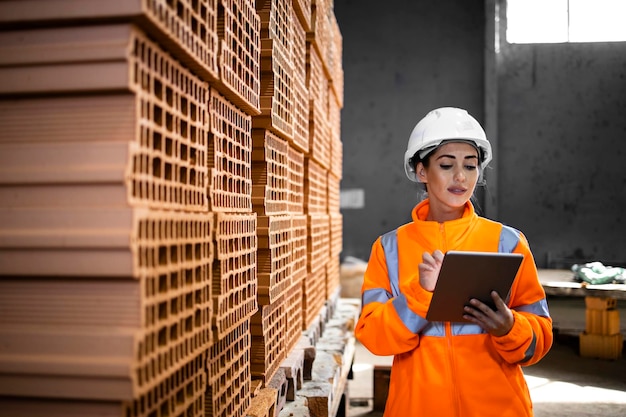 Female factory worker checking inventory of building blocks for construction industry