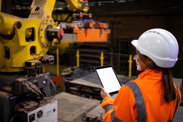 Female factory worker operating industrial robot machine in manufacturing plant