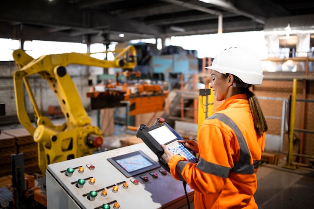 Female factory worker operating industrial robot machine and observing manufacturing process