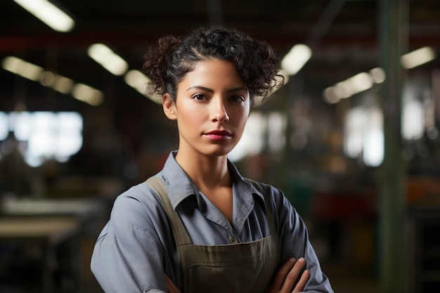 Photo female factory worker posing looking at camera