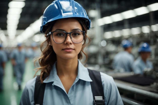 Работница фабрики, носящая защитный шлем на фоне фабричного производства