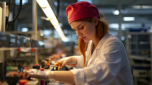 Foto lavoratrice di fabbrica che lavora sulla linea di produzione donna che gestisce diligentemente i macchinari su una linea di produzione di fabbrica, che incarna l'efficienza e la dedizione in ambienti industriali