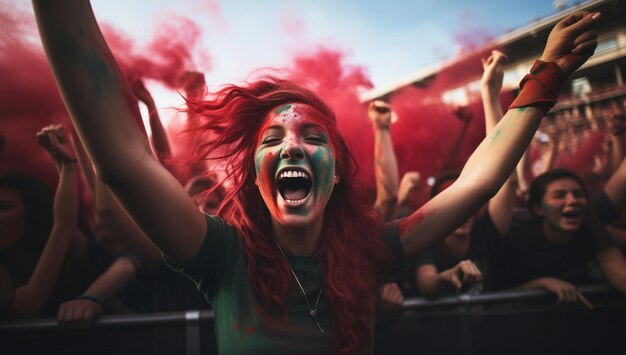 Female fans of soccer women on the stand of soccer supporting their favorite team emotions joy laughter and shouts of joy and support fan club