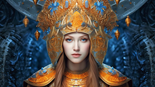 A female fantasy warrior with a golden helmet