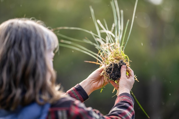 호주의 비 속에서 풀을 들고 있는 농업 분야의 여성 농부