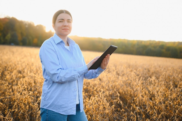 Agricoltore o agronomo femminile che esamina le piante di soia nel campo