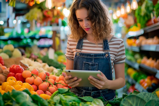 写真 市場でデジタルタブレットを持って野菜の可用性を研究している女性農家