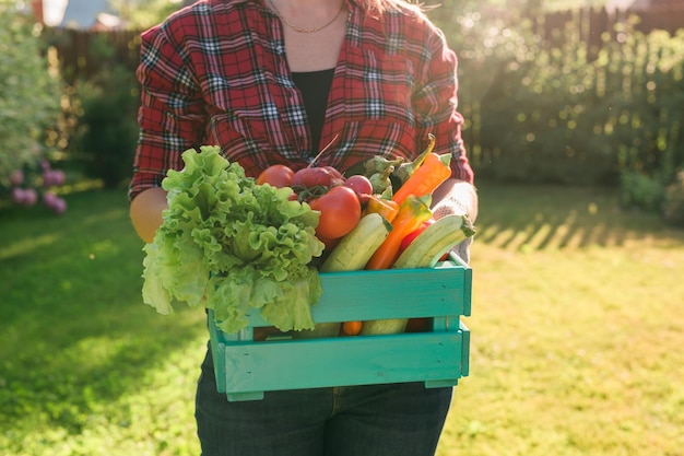 収穫された菜園の箱を運び、オンライン販売のために農産物を収穫する女性農家