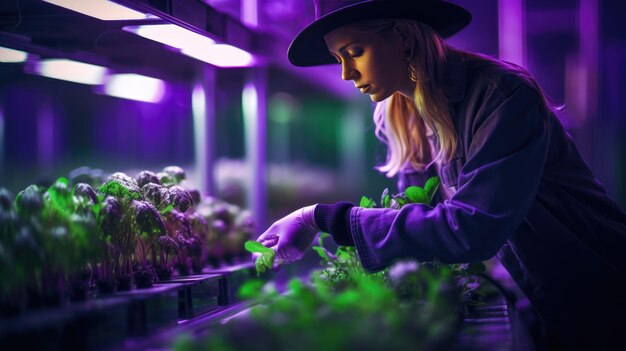 Female farmer checks lettuce leaves in a greenhouse under ultraviolet light