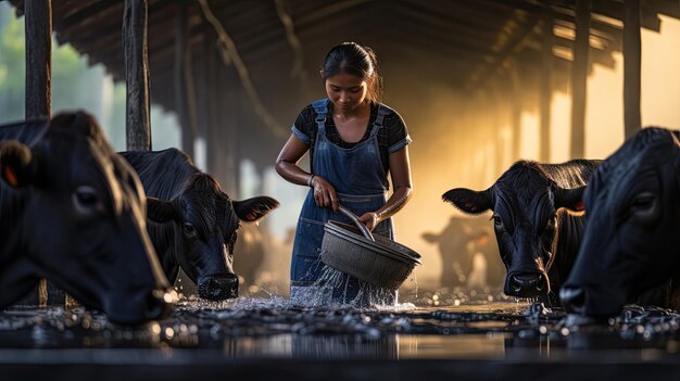 female farmer cleaning In the cowshed among the cows in the stall