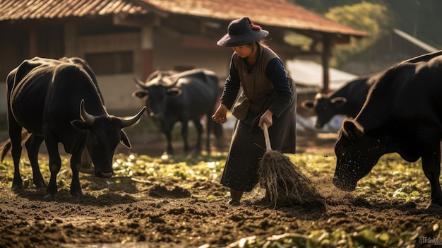 female farmer cleaning In the cowshed among the cows in the stall