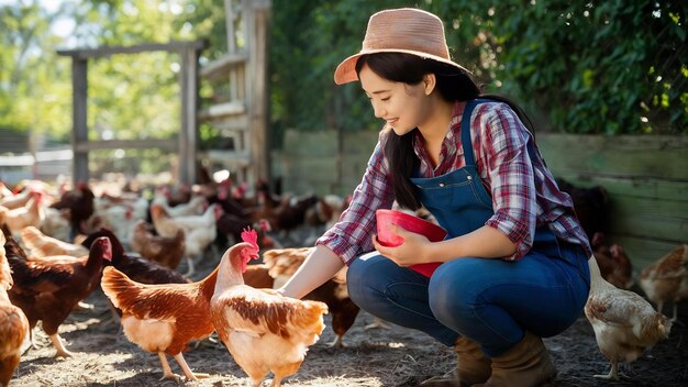 Female farmer feeding the chickens