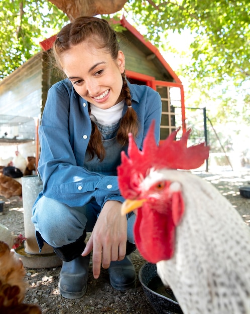 写真 鶏に餌をやる女性農家