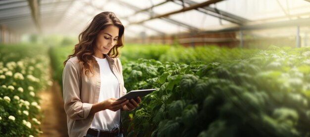 Foto l'agricoltrice sta in piedi e tiene il tablet tra le mani sullo sfondo del campo