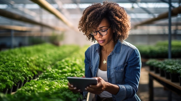 Female farmer stands and holds tablet in her hands in greenhouse