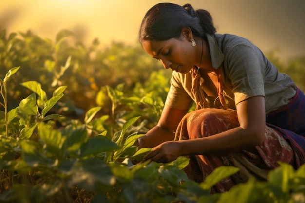 A female farmer tending to a field of crops